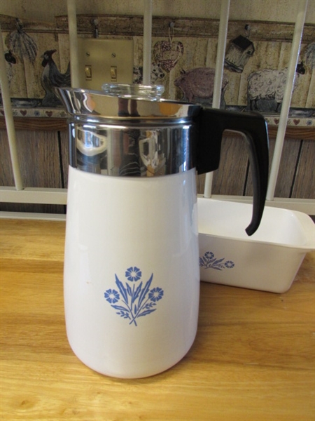 CORNFLOWER CORNING WARE TEA KETTLE, PERCOLATOR & LOAF PAN