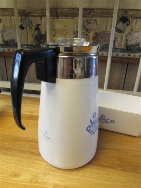 CORNFLOWER CORNING WARE TEA KETTLE, PERCOLATOR & LOAF PAN