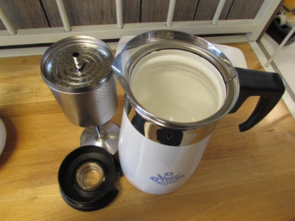 CORNFLOWER CORNING WARE TEA KETTLE, PERCOLATOR & LOAF PAN