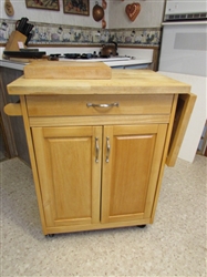 PINE WOODEN KITCHEN ISLAND ON CASTORS & CUTTING BOARD