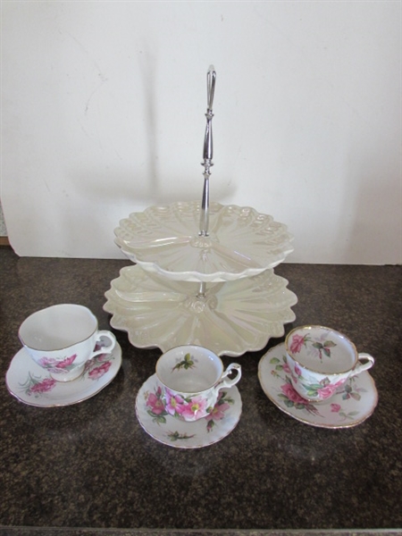 FINE CHINA TEA CUPS W/SAUCERS & 2 TIER SERVER