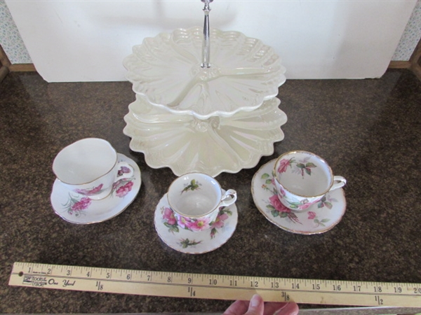 FINE CHINA TEA CUPS W/SAUCERS & 2 TIER SERVER