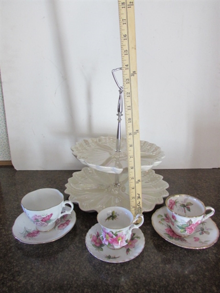 FINE CHINA TEA CUPS W/SAUCERS & 2 TIER SERVER