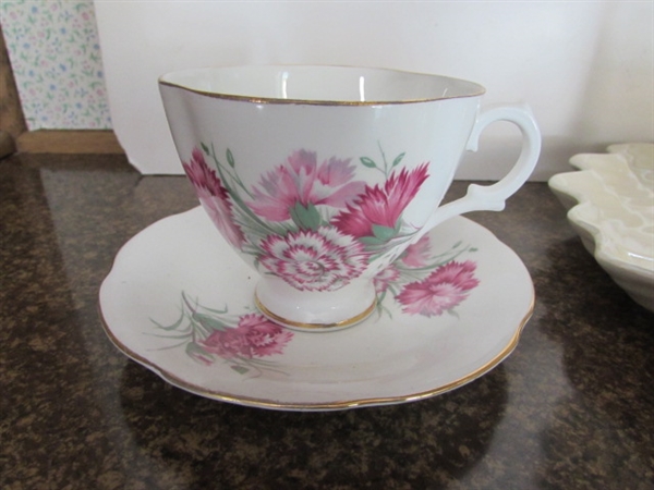 FINE CHINA TEA CUPS W/SAUCERS & 2 TIER SERVER