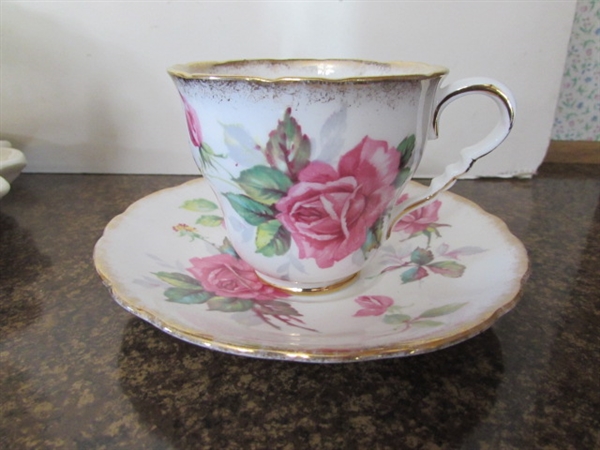 FINE CHINA TEA CUPS W/SAUCERS & 2 TIER SERVER