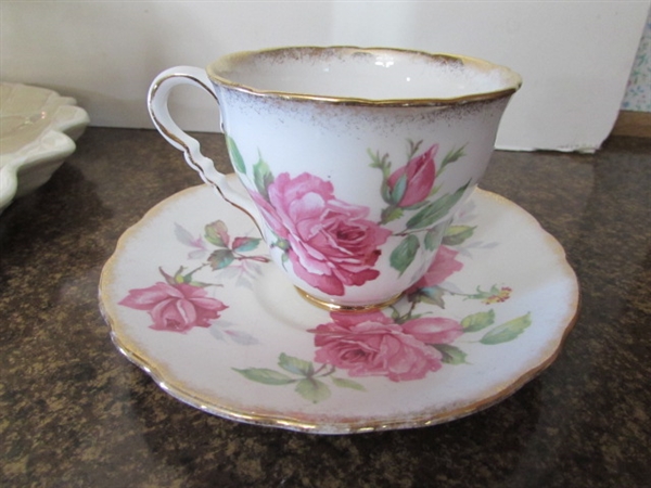 FINE CHINA TEA CUPS W/SAUCERS & 2 TIER SERVER