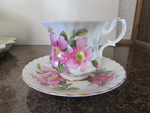 FINE CHINA TEA CUPS W/SAUCERS & 2 TIER SERVER