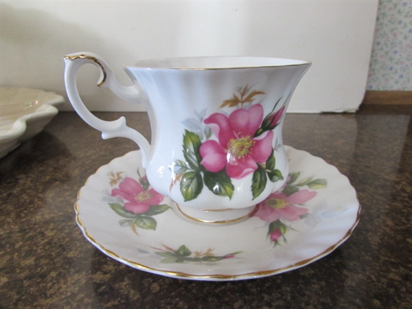 FINE CHINA TEA CUPS W/SAUCERS & 2 TIER SERVER