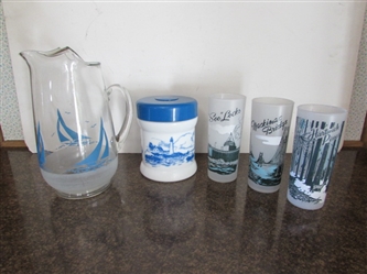 SAILBOAT PITCHER, LIGHTHOUSE CANISTER,& DRINKING GLASSES