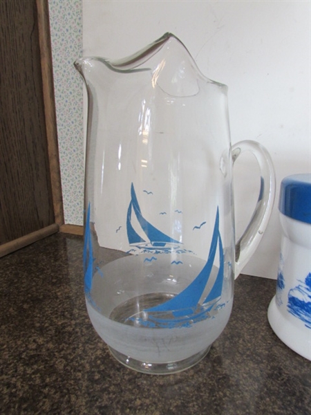 SAILBOAT PITCHER, LIGHTHOUSE CANISTER,& DRINKING GLASSES