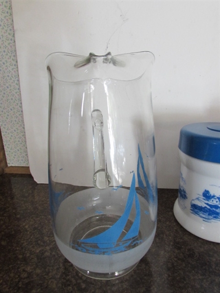 SAILBOAT PITCHER, LIGHTHOUSE CANISTER,& DRINKING GLASSES