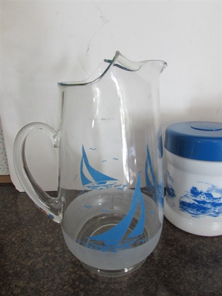 SAILBOAT PITCHER, LIGHTHOUSE CANISTER,& DRINKING GLASSES