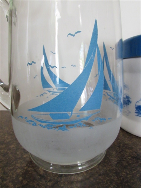 SAILBOAT PITCHER, LIGHTHOUSE CANISTER,& DRINKING GLASSES