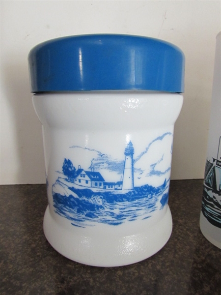 SAILBOAT PITCHER, LIGHTHOUSE CANISTER,& DRINKING GLASSES