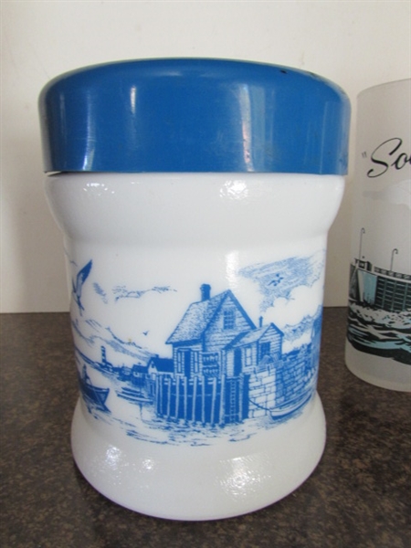 SAILBOAT PITCHER, LIGHTHOUSE CANISTER,& DRINKING GLASSES