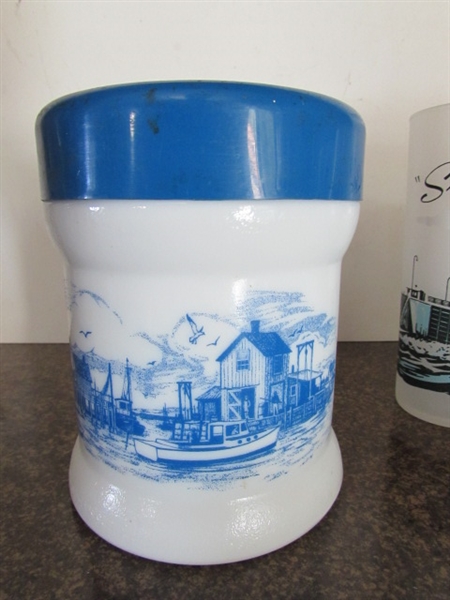 SAILBOAT PITCHER, LIGHTHOUSE CANISTER,& DRINKING GLASSES