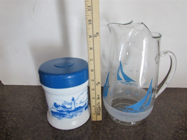 SAILBOAT PITCHER, LIGHTHOUSE CANISTER,& DRINKING GLASSES