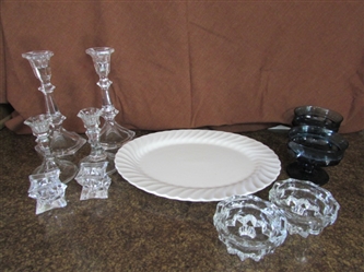 CRYSTAL CANDLE HOLDERS, VTG BLUE THUMBPRINT COMPOTES AND MORE