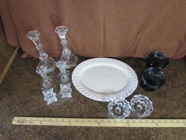 CRYSTAL CANDLE HOLDERS, VTG BLUE THUMBPRINT COMPOTES AND MORE