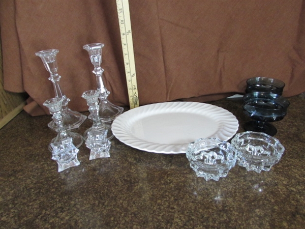 CRYSTAL CANDLE HOLDERS, VTG BLUE THUMBPRINT COMPOTES AND MORE