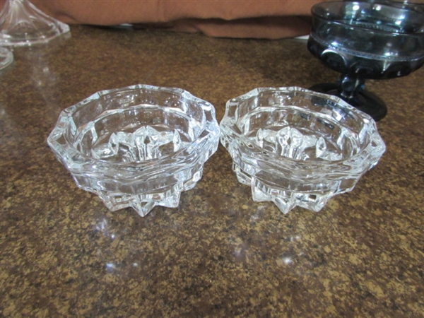 CRYSTAL CANDLE HOLDERS, VTG BLUE THUMBPRINT COMPOTES AND MORE