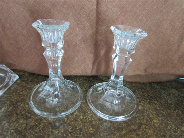 CRYSTAL CANDLE HOLDERS, VTG BLUE THUMBPRINT COMPOTES AND MORE