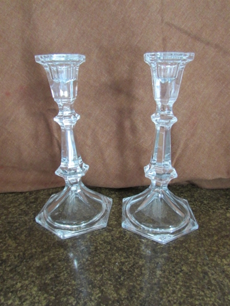 CRYSTAL CANDLE HOLDERS, VTG BLUE THUMBPRINT COMPOTES AND MORE