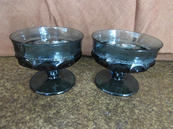 CRYSTAL CANDLE HOLDERS, VTG BLUE THUMBPRINT COMPOTES AND MORE