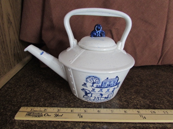 POPPY TRAIL TEAPOT, BLUE & WHITE TRANSFERWARE & DUTCH FIGURINES