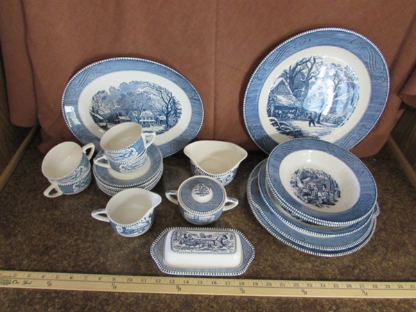 CURRIER & IVES BLUE & WHITE TRANSFERWARE SERVING PIECES, TEACUPS & SAUCERS