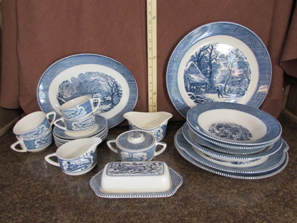 CURRIER & IVES BLUE & WHITE TRANSFERWARE SERVING PIECES, TEACUPS & SAUCERS