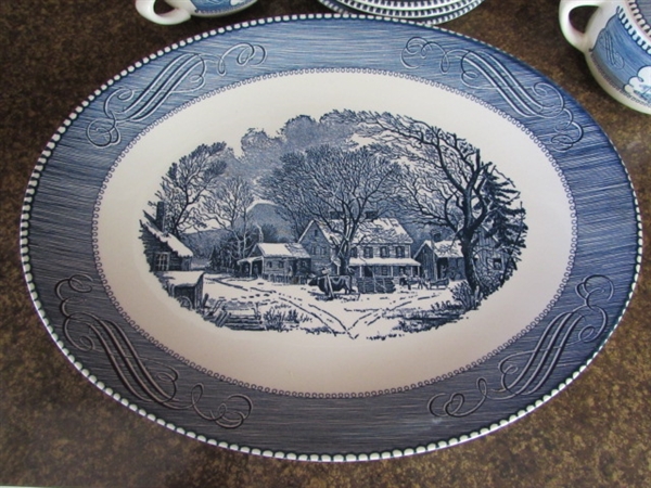 CURRIER & IVES BLUE & WHITE TRANSFERWARE SERVING PIECES, TEACUPS & SAUCERS