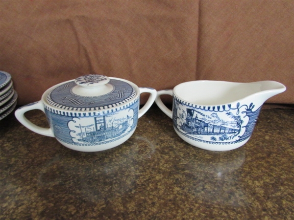 CURRIER & IVES BLUE & WHITE TRANSFERWARE SERVING PIECES, TEACUPS & SAUCERS