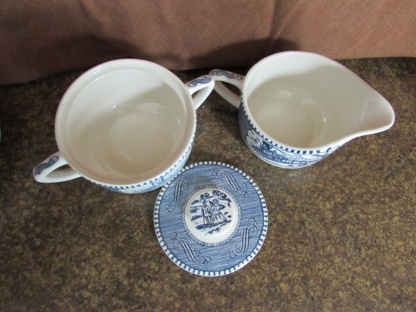 CURRIER & IVES BLUE & WHITE TRANSFERWARE SERVING PIECES, TEACUPS & SAUCERS