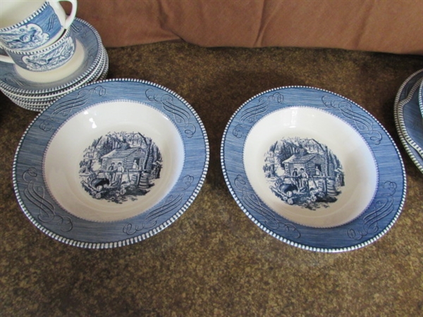 CURRIER & IVES BLUE & WHITE TRANSFERWARE SERVING PIECES, TEACUPS & SAUCERS