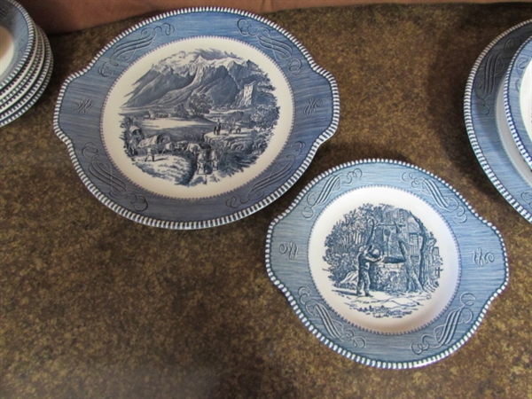 CURRIER & IVES BLUE & WHITE TRANSFERWARE SERVING PIECES, TEACUPS & SAUCERS