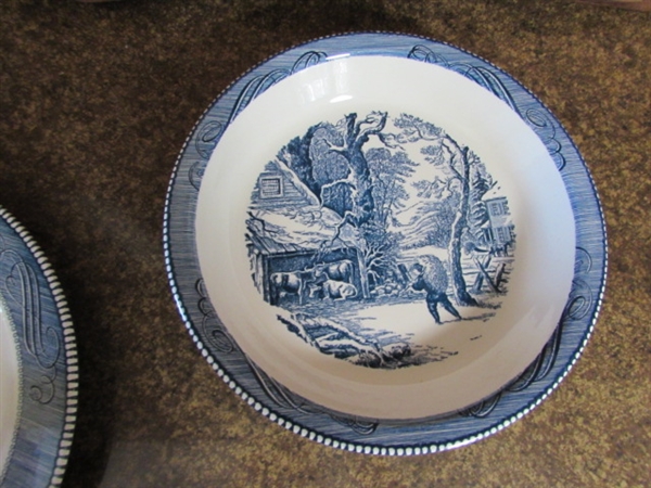 CURRIER & IVES BLUE & WHITE TRANSFERWARE SERVING PIECES, TEACUPS & SAUCERS