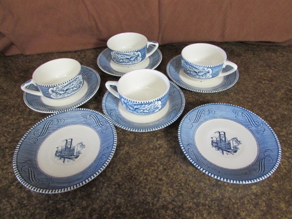 CURRIER & IVES BLUE & WHITE TRANSFERWARE SERVING PIECES, TEACUPS & SAUCERS