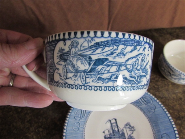 CURRIER & IVES BLUE & WHITE TRANSFERWARE SERVING PIECES, TEACUPS & SAUCERS