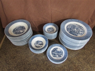 CURRIER & IVES BLUE & WHITE TRANSFERWARE DINNERWARE - PLATES & BOWLS