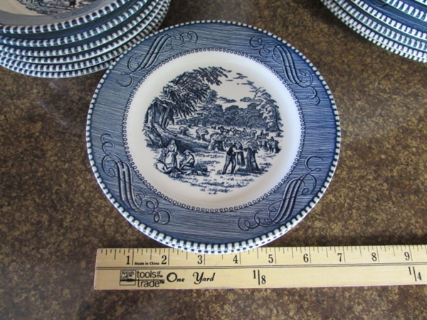 CURRIER & IVES BLUE & WHITE TRANSFERWARE DINNERWARE - PLATES & BOWLS