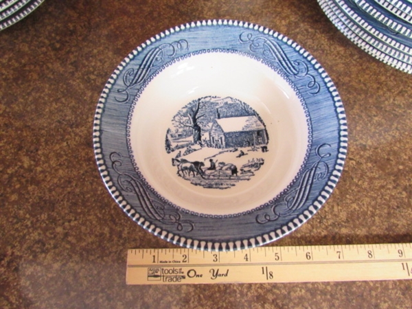 CURRIER & IVES BLUE & WHITE TRANSFERWARE DINNERWARE - PLATES & BOWLS