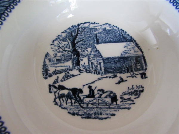 CURRIER & IVES BLUE & WHITE TRANSFERWARE DINNERWARE - PLATES & BOWLS