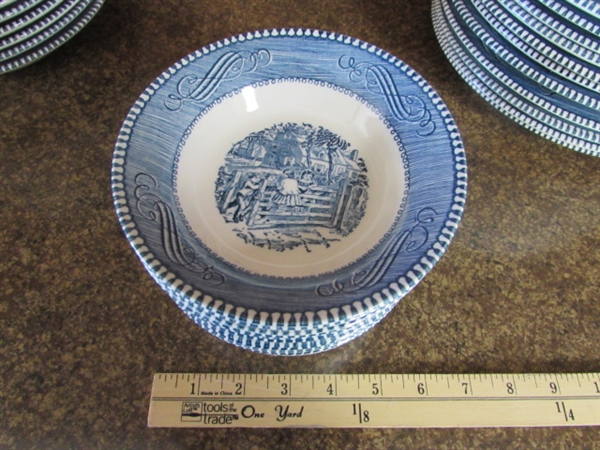 CURRIER & IVES BLUE & WHITE TRANSFERWARE DINNERWARE - PLATES & BOWLS