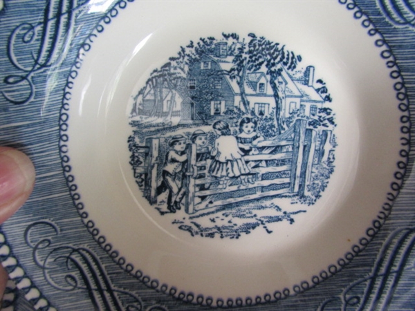 CURRIER & IVES BLUE & WHITE TRANSFERWARE DINNERWARE - PLATES & BOWLS