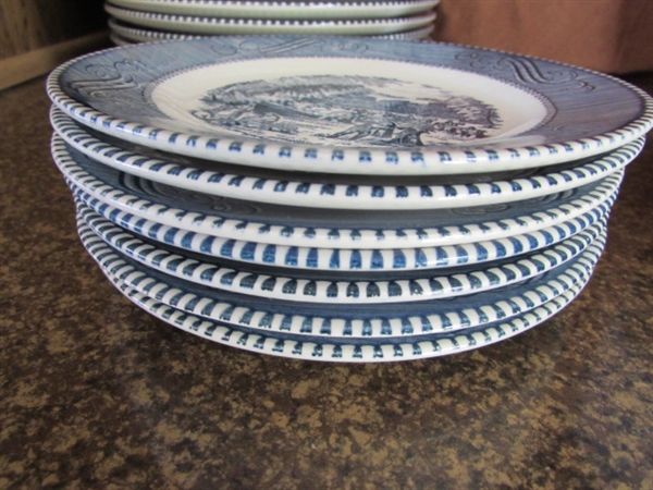 CURRIER & IVES BLUE & WHITE TRANSFERWARE DINNERWARE - PLATES & BOWLS