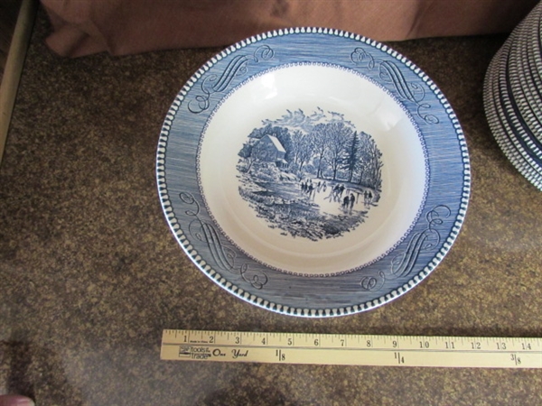 CURRIER & IVES BLUE & WHITE TRANSFERWARE DINNERWARE - PLATES & BOWLS