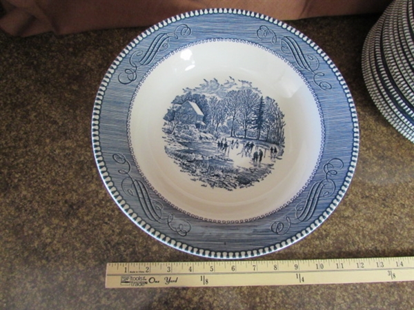 CURRIER & IVES BLUE & WHITE TRANSFERWARE DINNERWARE - PLATES & BOWLS