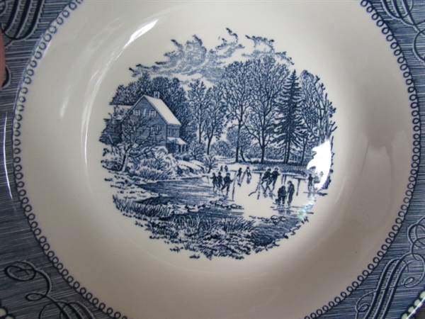 CURRIER & IVES BLUE & WHITE TRANSFERWARE DINNERWARE - PLATES & BOWLS