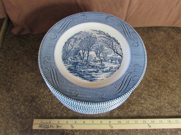 CURRIER & IVES BLUE & WHITE TRANSFERWARE DINNERWARE - PLATES & BOWLS